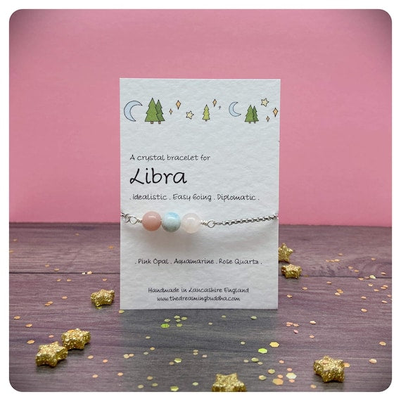 Libra Crystal Bracelet, Personalised Star Sign Jewellery, Birthstone Gift, Birthday Gift Card, September October Zodiac Bracelet