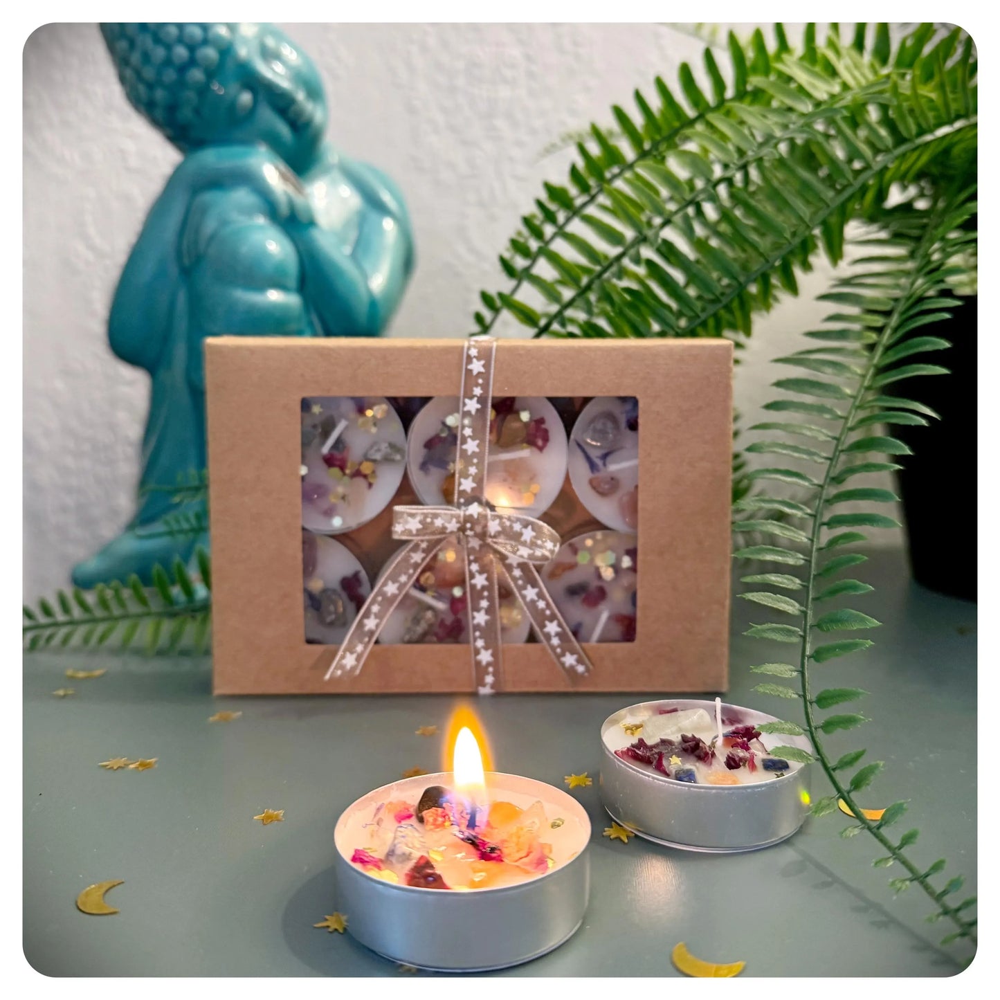 Crystal Tealights With Natural Flowers, Pack of 6 Small Gift Boxed Candle Tea Light Set For Mindfulness Meditation And Intention Setting