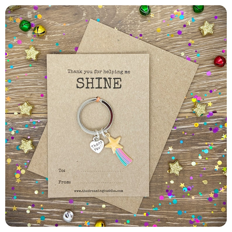 Thank You For Helping Me SHINE Teacher Gift, End Of Term Keyworker Keyring, Personalised Classroom Assistant Keychain, End Of Term Card