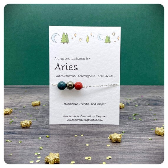 Aries Necklace, Birthday Crystal Pendant, March April Gemstones, Personalised Zodiac Necklace, Handmade Star Sign Jewellery, Silver Plated