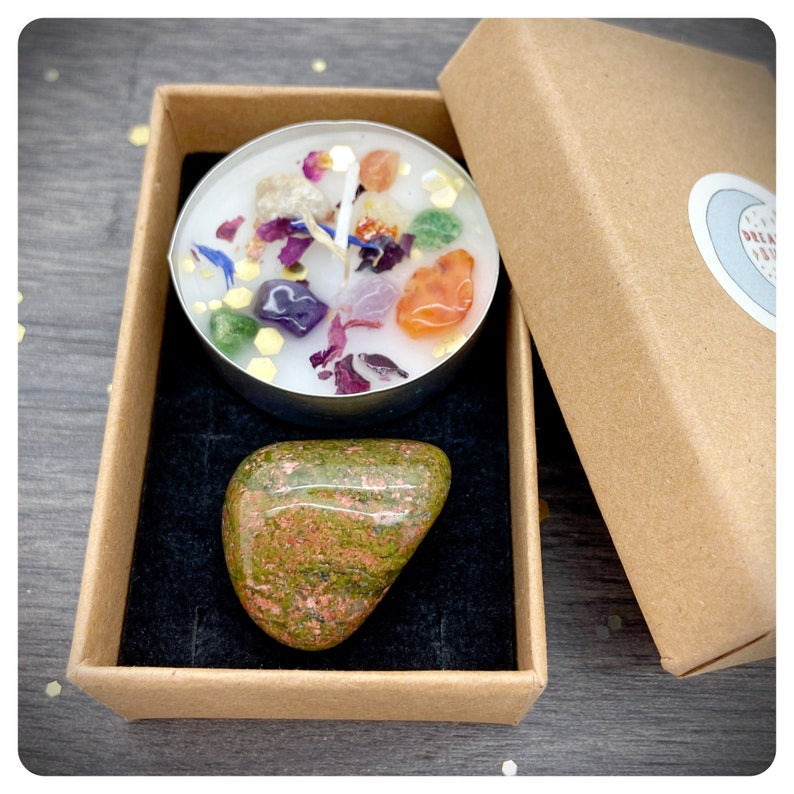 Unakite Tumbled Gemstone & Candle Gift Set