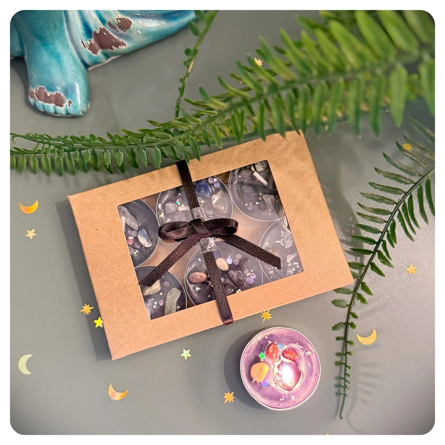 Witchy Tealights With Crystals & Glitter, Pack of 6 Small Gift Boxed Candle Tea Light Set For Spell Work Intentions And Decoration