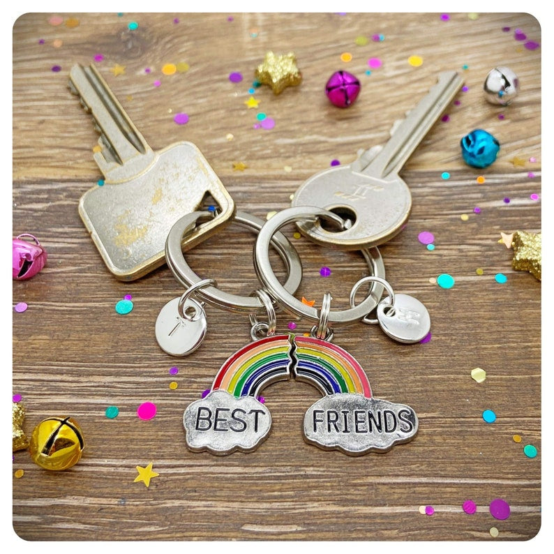 Best Friends Forever Double Keychain, One For You One For Me Rainbow Keyrings, 2 BFF Matching Rainbow Bag Charms, Kids Friendship Gift Card