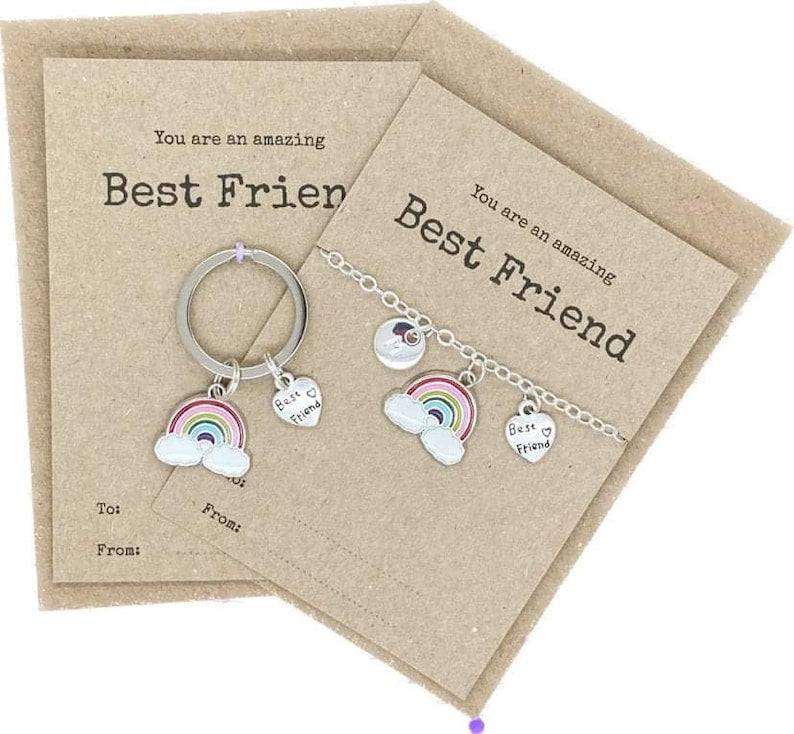 Best Friend Matching Necklace and Keyring Set, You Are An Amazing Friend Present, Rainbow Friendship Gift, Best Friend Birthday Postal Gift