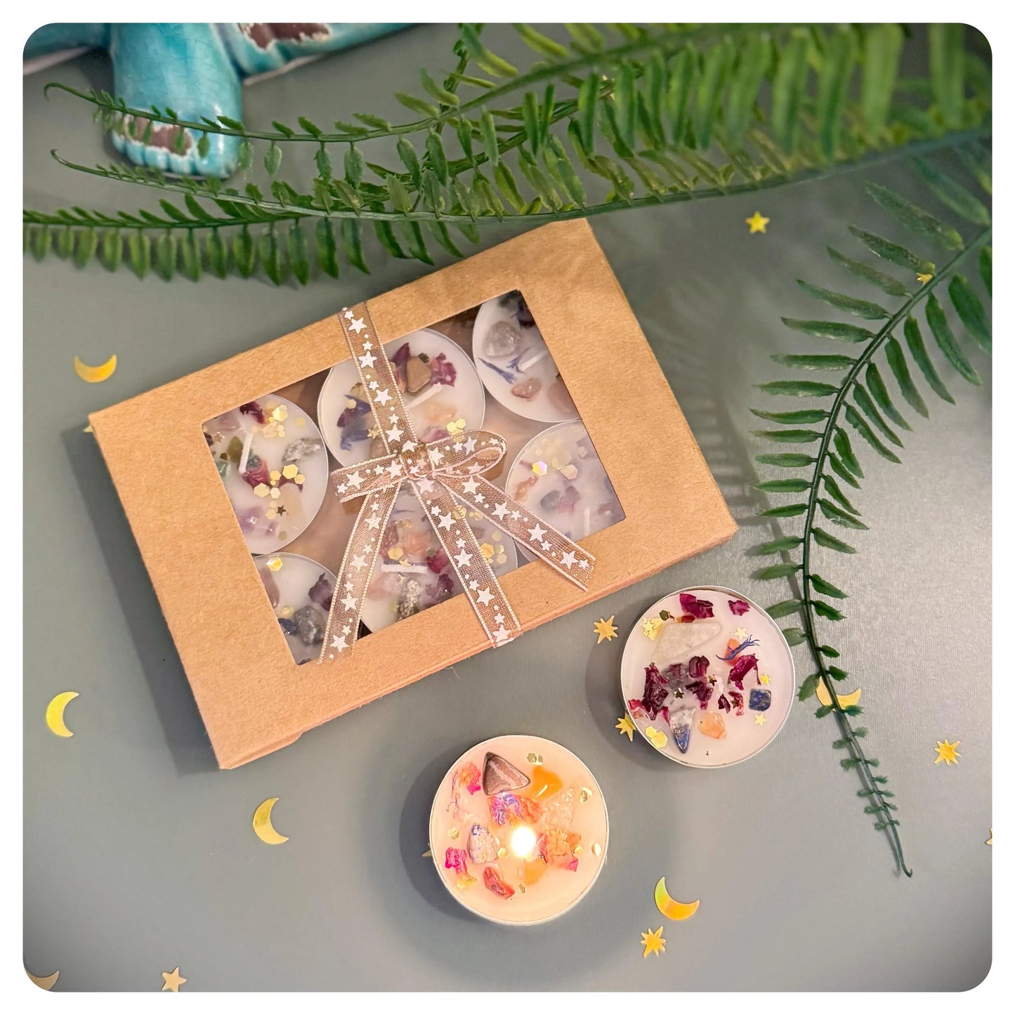 Witchy Tealights With Crystals & Glitter, Pack of 6 Small Gift Boxed Candle Tea Light Set For Spell Work Intentions And Decoration