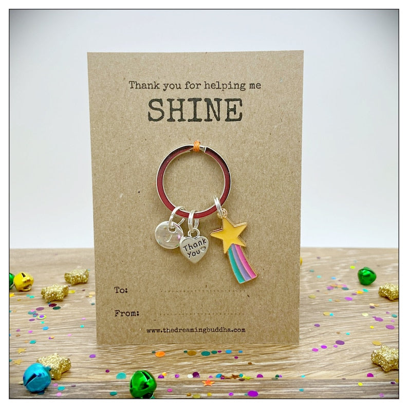 Thank You For Helping Me SHINE Teacher Gift, End Of Term Keyworker Keyring, Personalised Classroom Assistant Keychain, End Of Term Card