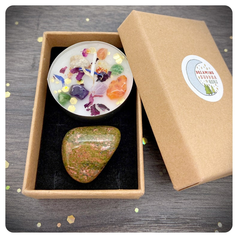 Unakite Tumbled Gemstone & Candle Gift Set