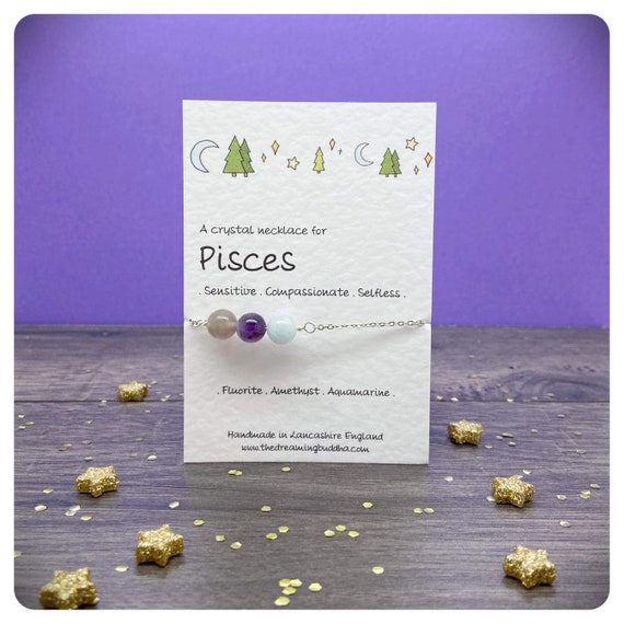 Pisces Crystal Necklace, February March Birthstone Jewellery, Zodiac Gemstone Choker, Personalised Star Sign Gift, Silver Zodiac Necklace