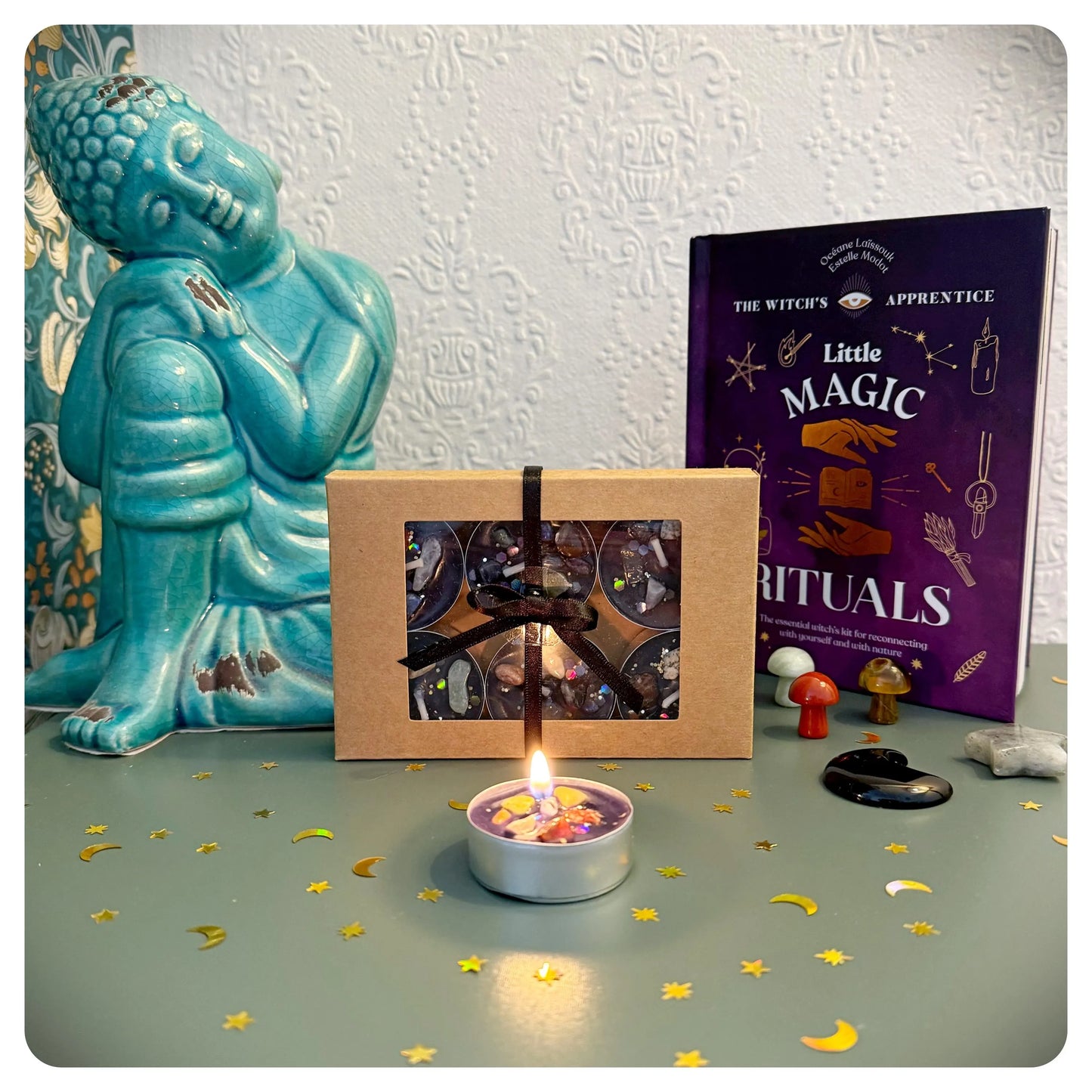 Witchy Tealights With Crystals & Glitter, Pack of 6 Small Gift Boxed Candle Tea Light Set For Spell Work Intentions And Decoration