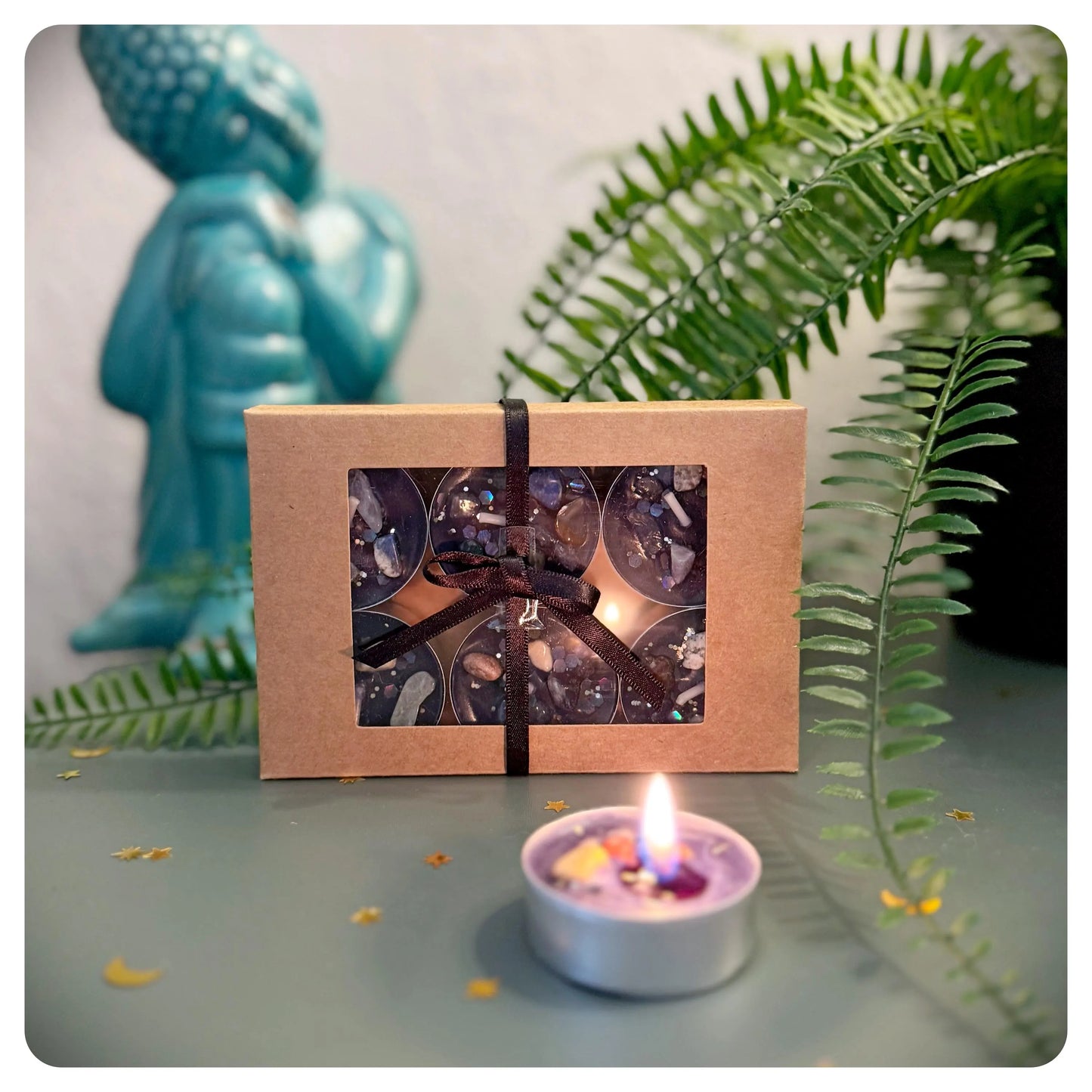 Crystal Tealights With Natural Flowers, Pack of 6 Small Gift Boxed Candle Tea Light Set For Mindfulness Meditation And Intention Setting