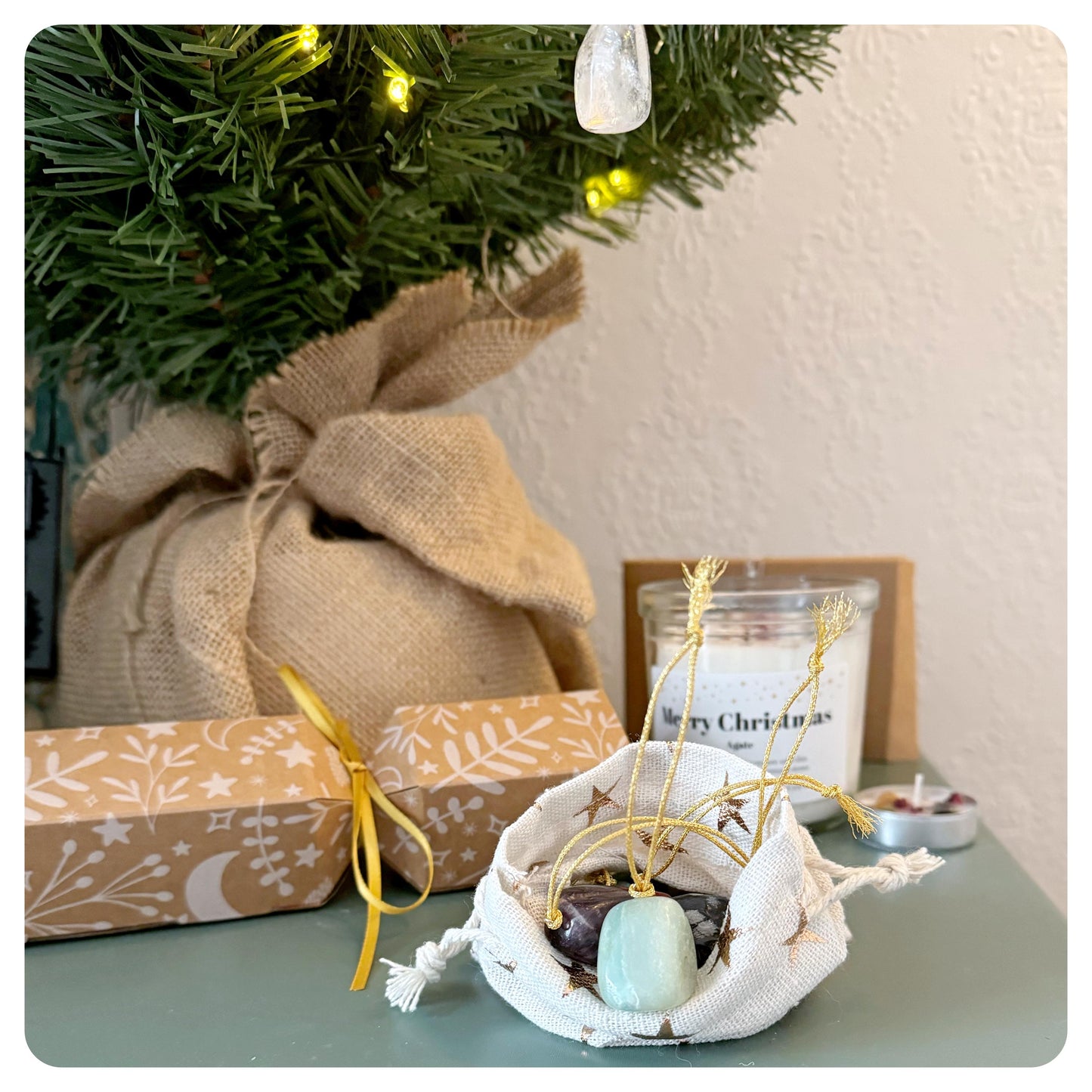 Crystal Christmas Tree Decorations Gemstone Hanging Ornaments Rustic Natural Baubles Rose Quartz, Amethyst, Lepidolite, Amazonite, Sodalite