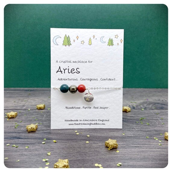 Aries Necklace, Birthday Crystal Pendant, March April Gemstones, Personalised Zodiac Necklace, Handmade Star Sign Jewellery, Silver Plated