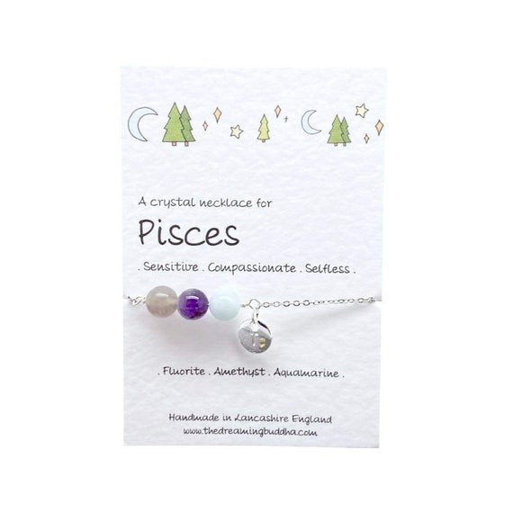 Pisces Crystal Necklace, February March Birthstone Jewellery, Zodiac Gemstone Choker, Personalised Star Sign Gift, Silver Zodiac Necklace