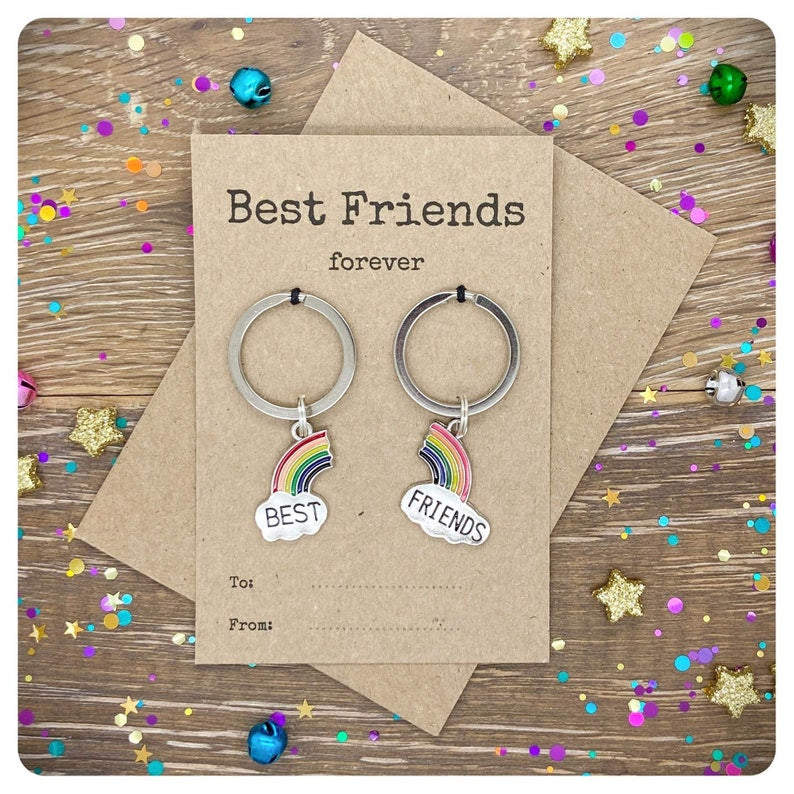 Best Friends Forever Double Keychain, One For You One For Me Rainbow Keyrings, 2 BFF Matching Rainbow Bag Charms, Kids Friendship Gift Card