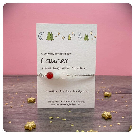 Cancer Zodiac Bracelet, Adjustable Crystal Bracelet, Unisex Star Sign Jewellery, Wire Wrapped Gemstones, Horoscope Birthday Card