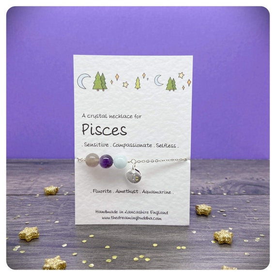 Pisces Crystal Necklace, February March Birthstone Jewellery, Zodiac Gemstone Choker, Personalised Star Sign Gift, Silver Zodiac Necklace