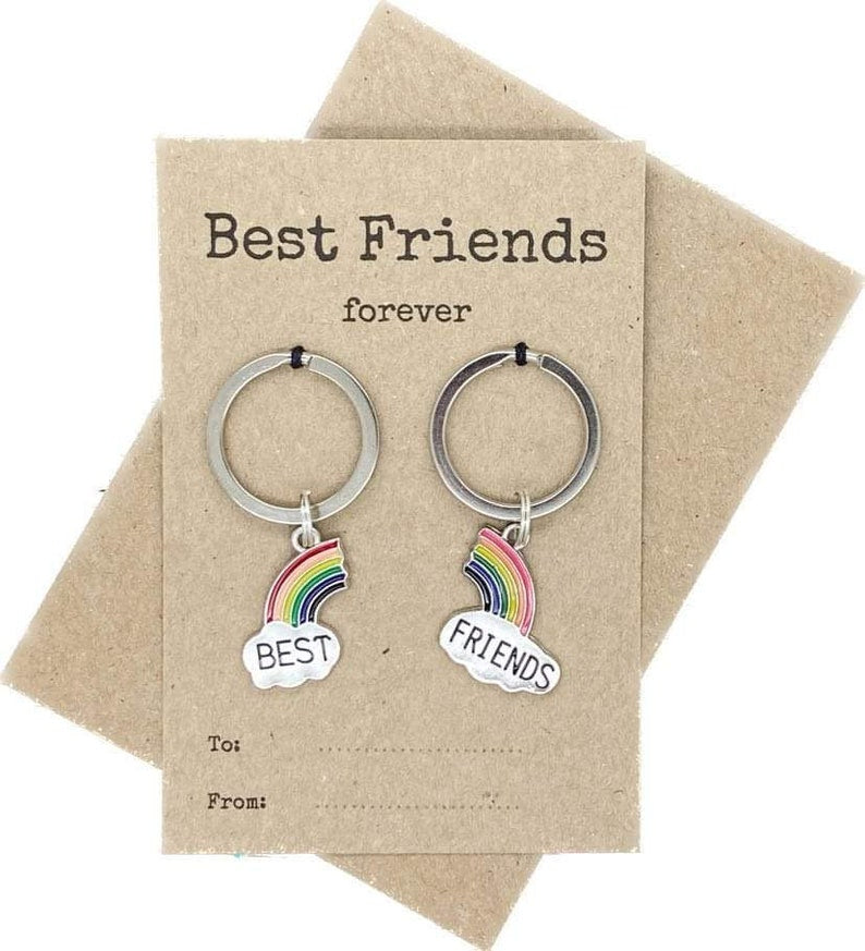 Best Friends Forever Double Keychain, One For You One For Me Rainbow Keyrings, 2 BFF Matching Rainbow Bag Charms, Kids Friendship Gift Card
