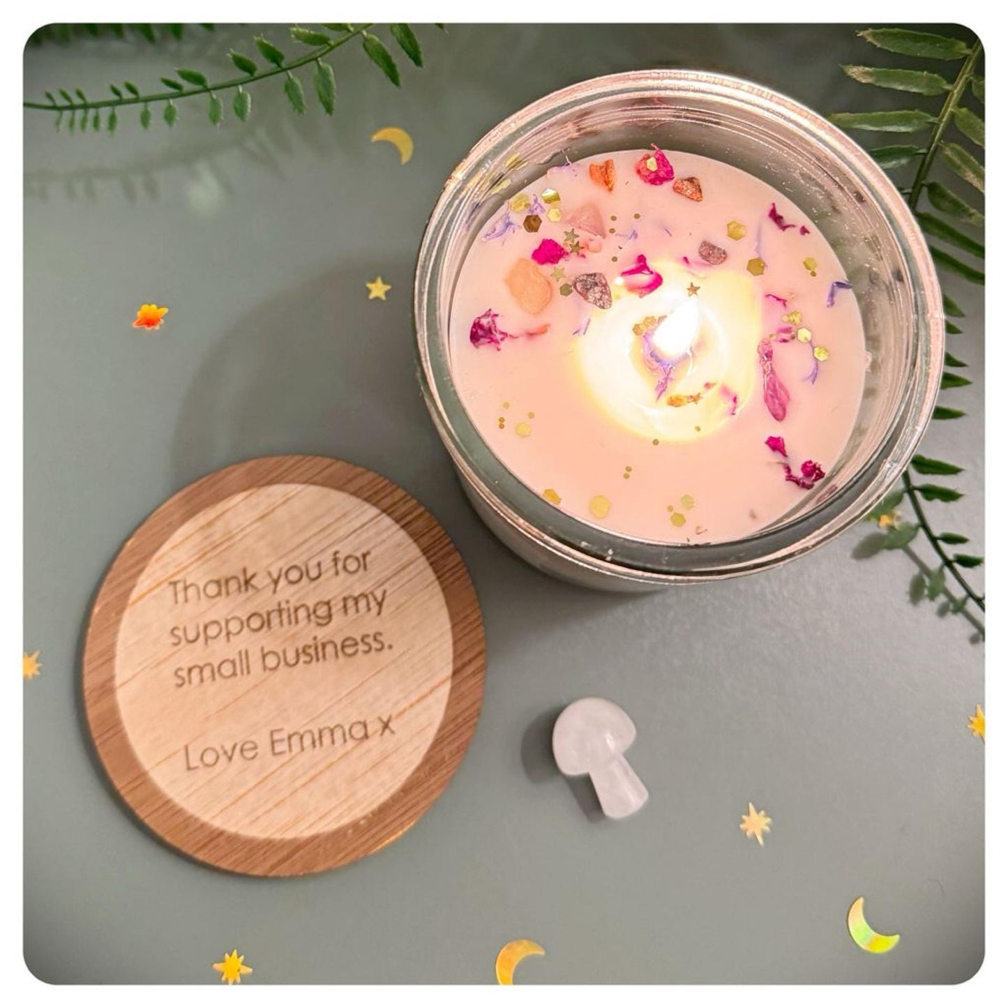 Love Rose Quartz Crystal Mushroom Candle, Personalised Handmade Thinking Of You Self Care Gift For Birthday Christmas Or Valentines Day