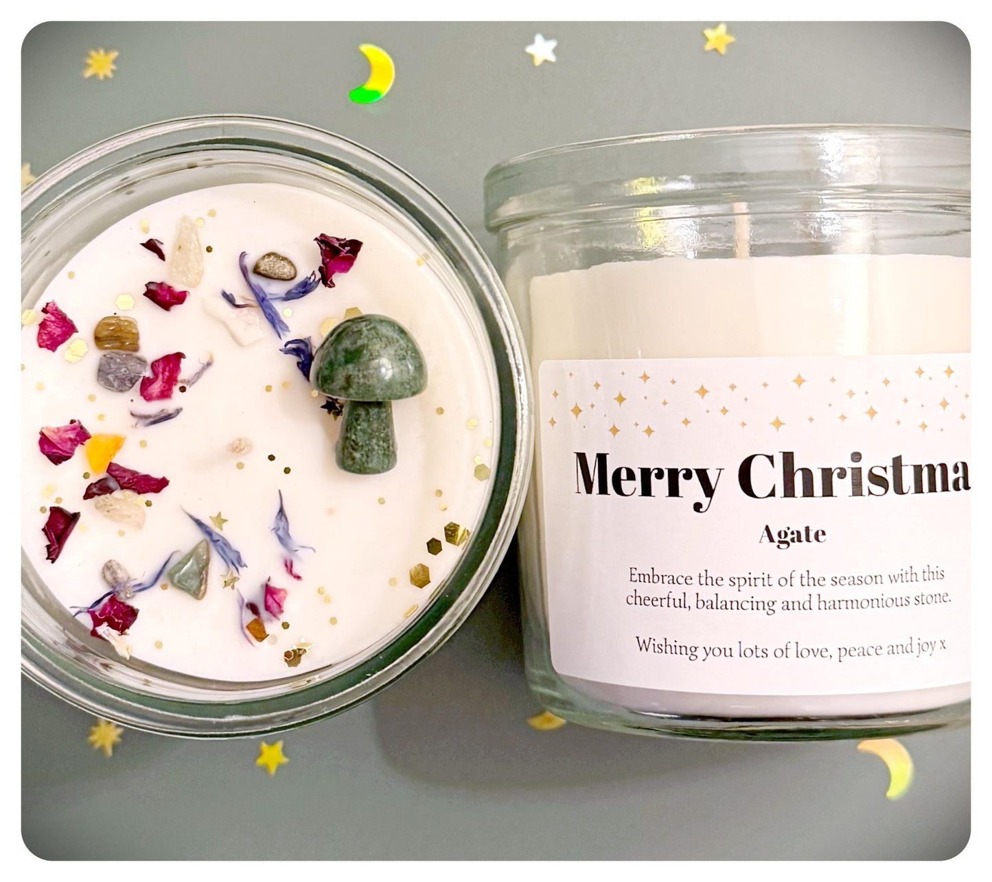 Personalised Christmas Crystal Candle Natural Crystal Mushroom Gift, Gemstone Candle Gift For Mum Friend Festive Home Decor Present