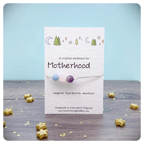 Baby Shower Gift For New Mum, Motherhood Crystal Necklace, Mothering Wrapped Crystals, Personalised Baby Congratulations Jewellery