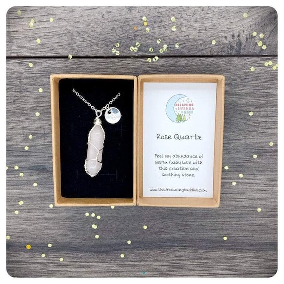 Rose Quartz Crystal Necklace, Wire Wrapped Point Pendant, Pink Love Gemstone Gift, Silver Plated Necklace Gift Box, Love You Jewellery
