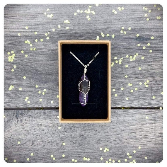 Amethyst Wire Wrapped Pendant Necklace, Personalised Crystal Gift, Mothers Day Gemstone Present, Birthday Letterbox Crystal Gift