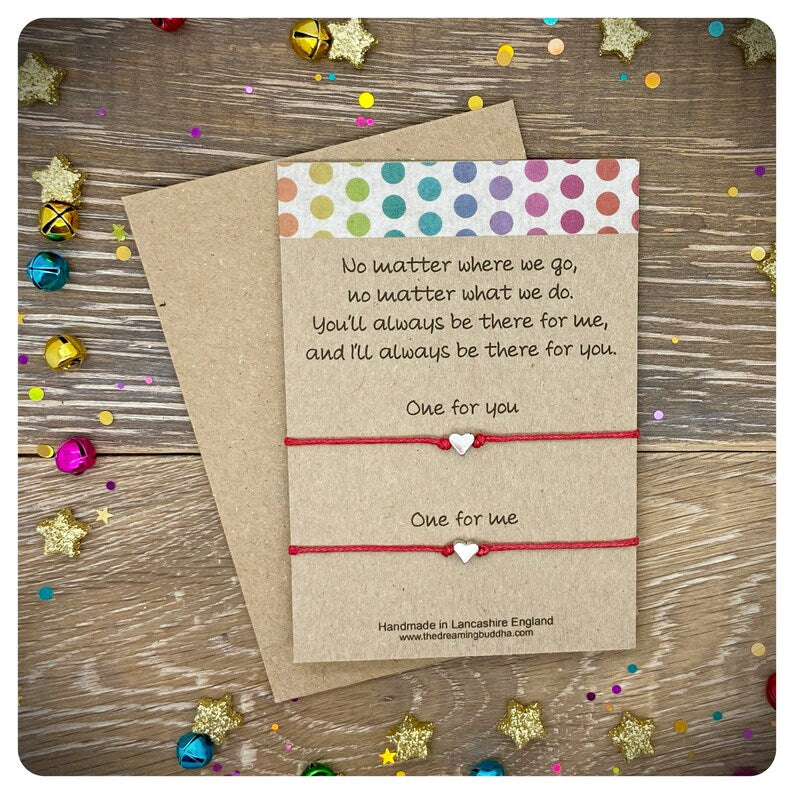 No Matter Where No Matter What Card, Animal Lover Pinky Promise Handcuff Heart Angel Wing Matching BFF Couples Bracelets, Sentimental Gift