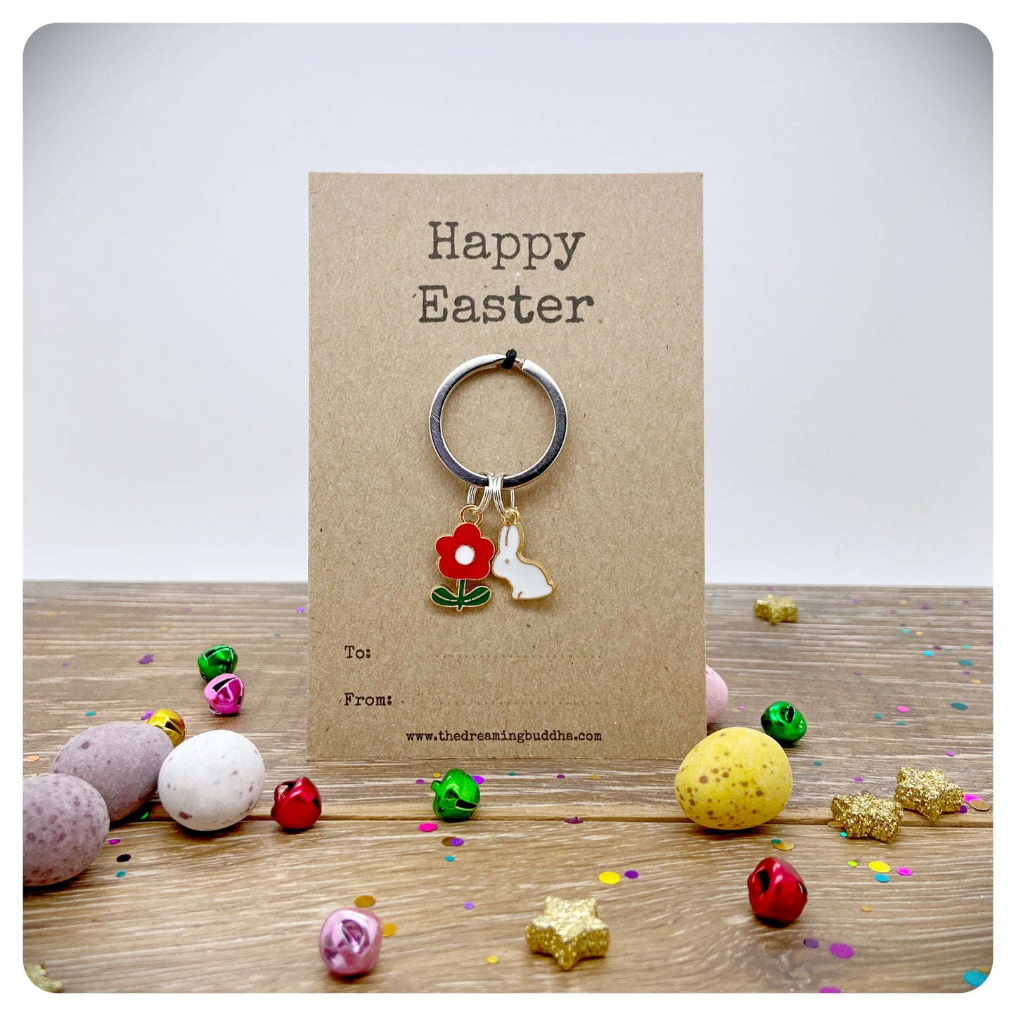 Happy Easter Keyring Card, Childrens Easter Bag Charm, Cute Flower Bunny Keychain, Easter Egg Hunt Gift, Easter Friends and Family Gift