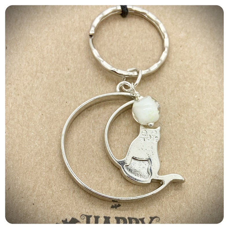 Cat Moon Keychain, Halloween Keyring, Glow In The Dark Bag Charm. Personalised All Hallows Gift