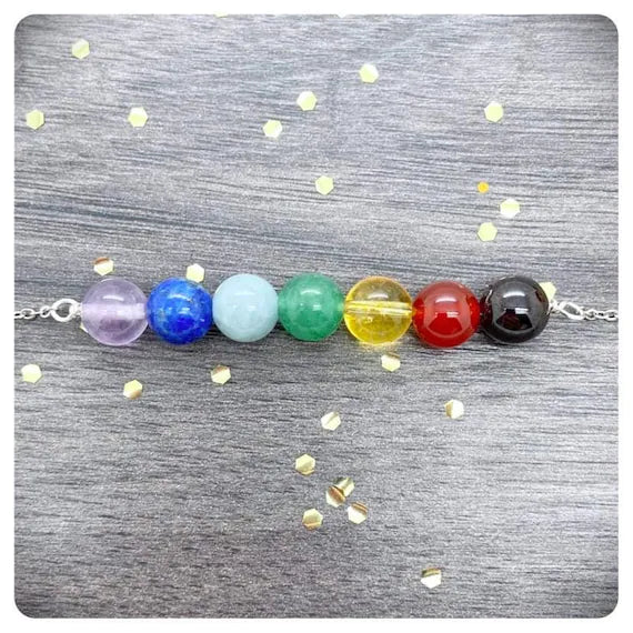 7 Chakra Crystal Bead Necklace, Personalised Silver Chain, Healing Rainbow Crystal Choket, Personalised Birthday Yoga Gift, Wellbeing Gift