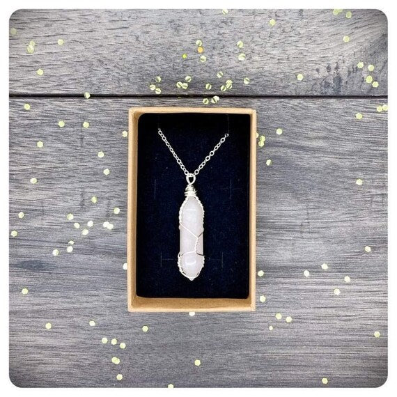 Rose Quartz Crystal Necklace, Wire Wrapped Point Pendant, Pink Love Gemstone Gift, Silver Plated Necklace Gift Box, Love You Jewellery