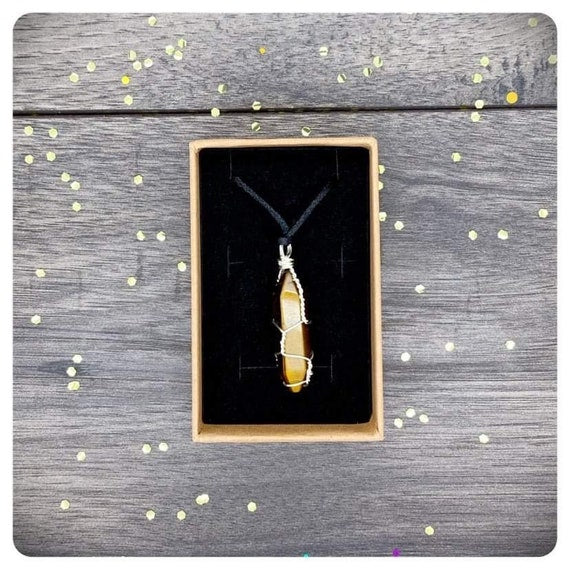 Adjustable Tigers Eye Point Necklace, Waterproof Cord Wire Wrapped Tigers Eye Pendant, Mens Protection Jewellery, Confidence Gemstone