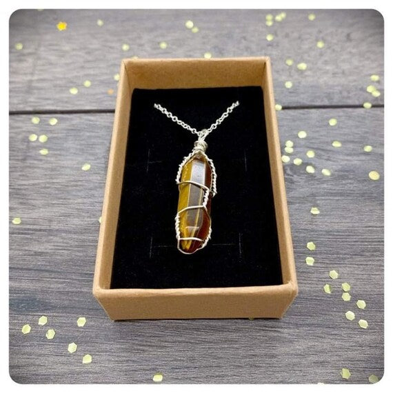 Tigers Eye Crystal Point Pendant, Encouragement Gift For Her, Wire Wrapped Gemstone Necklace, Personalised Genuine Crystal Jewellery