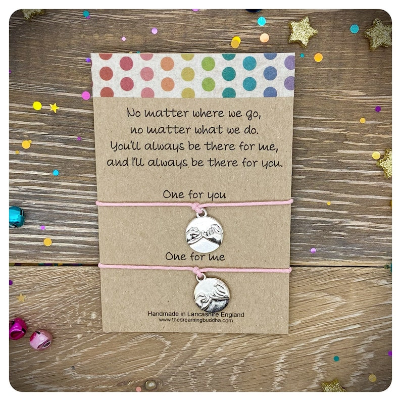 No Matter Where No Matter What Card, Animal Lover Pinky Promise Handcuff Heart Angel Wing Matching BFF Couples Bracelets, Sentimental Gift