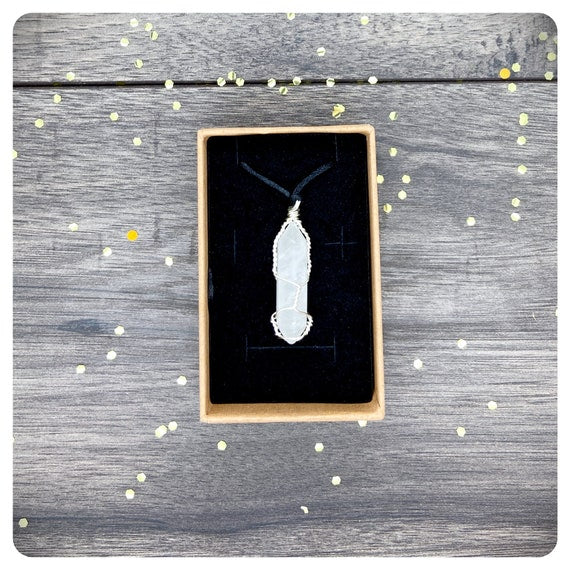 Waterproof Clear Quartz Adjustable Necklace, Unisex Wire Wrapped Crystal Pendant, Crown Chakra Jewellery, Healing Gemstone Gift Box