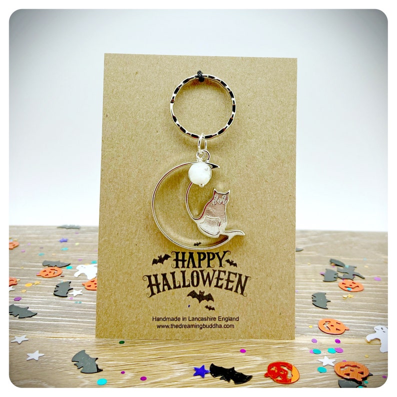 Cat Moon Keychain, Halloween Keyring, Glow In The Dark Bag Charm. Personalised All Hallows Gift
