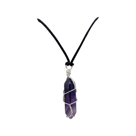 Amethyst Hand Wrapped Long Necklace, Adjustable Satin Cord Pendant Necklace, Protection Crystal Jewellery, Friendship Postal Gift