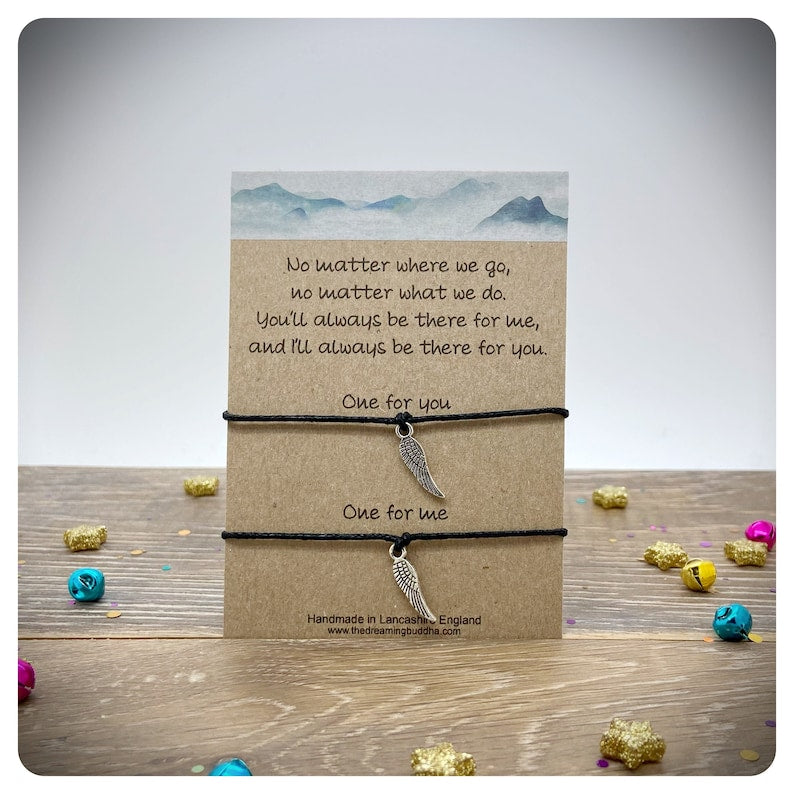 No Matter Where No Matter What Card, Animal Lover Pinky Promise Handcuff Heart Angel Wing Matching BFF Couples Bracelets, Sentimental Gift