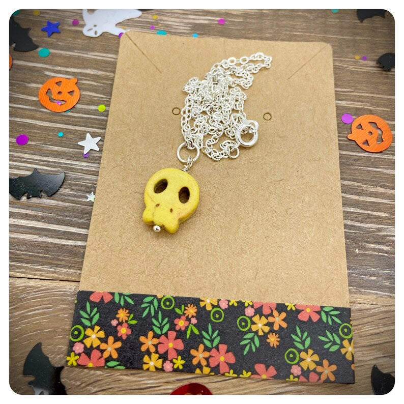 Howlite Candy Skull Necklace, Halloween Costume Jewellery, Silver Chain Necklace, Sugar Skull Gift