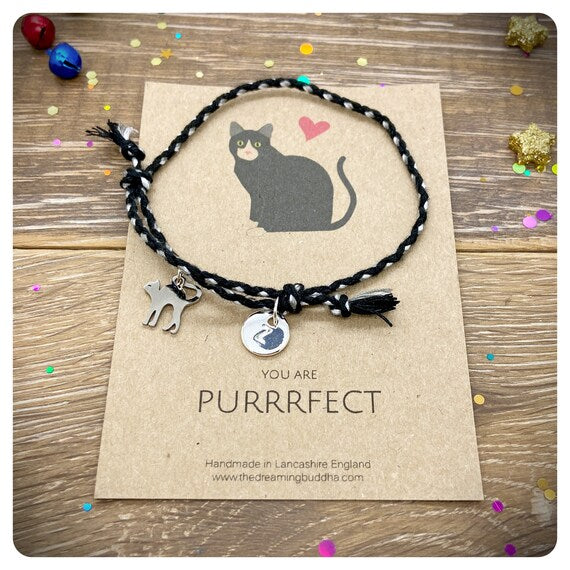 You Are “Purrrrfect” Braided Friendship Bracelet, Cat Charm Cotton Adjustable Bracelet