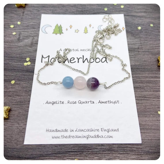 Baby Shower Gift For New Mum, Motherhood Crystal Necklace, Mothering Wrapped Crystals, Personalised Baby Congratulations Jewellery