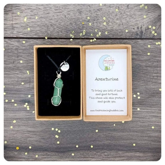 Long Adjustable Aventurine Necklace, Wire Wrapped Crystal Pendant, August Birthstone Jewellery, Personalised Green Gemstone, Letterbox Gift