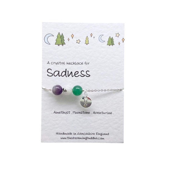 Personalised Sadness Crystal Necklace, Postal Hug Gift, Grief Loss Jewellery, Emotional Support Gift For Her, Teen Unhappiness Gift Card