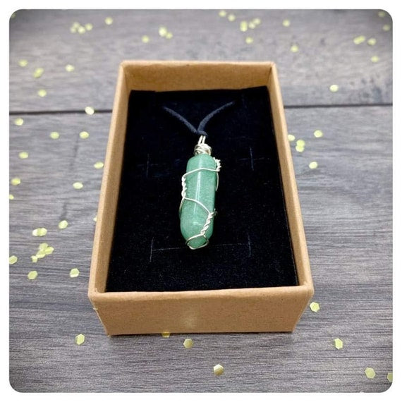 Long Adjustable Aventurine Necklace, Wire Wrapped Crystal Pendant, August Birthstone Jewellery, Personalised Green Gemstone, Letterbox Gift