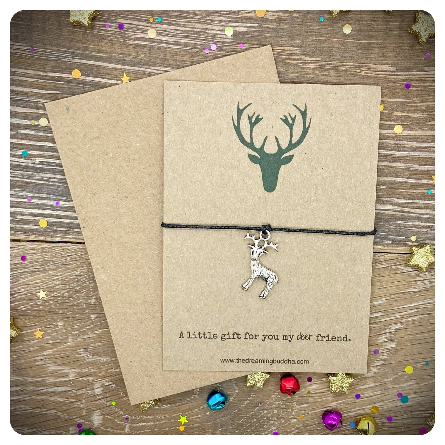 Deer Friend Card Wish Bracelet, Silver Stag Deer Charm Bracelet, Deer Friend Pun Card, Thinking Of You Gift