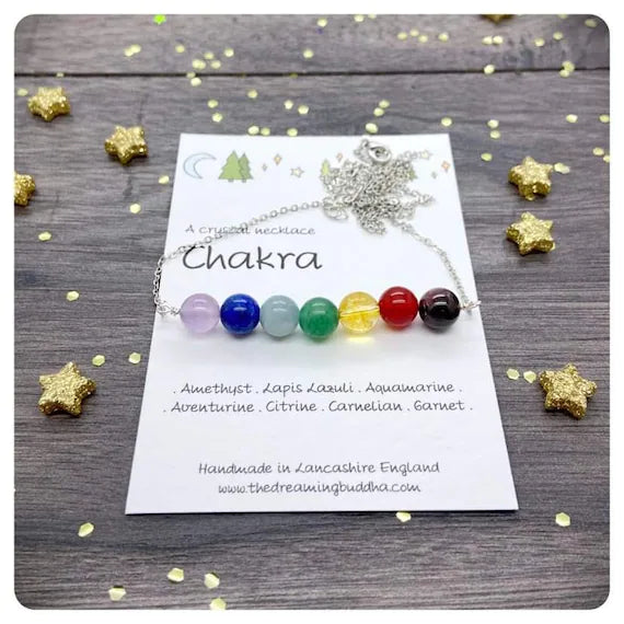 7 Chakra Crystal Bead Necklace, Personalised Silver Chain, Healing Rainbow Crystal Choket, Personalised Birthday Yoga Gift, Wellbeing Gift