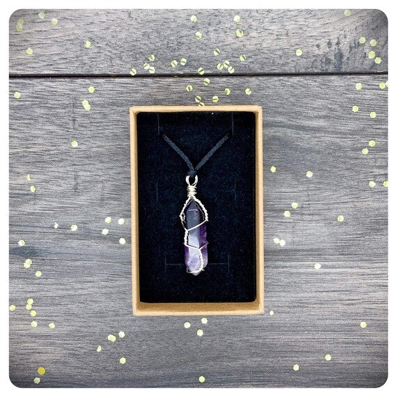 Amethyst Hand Wrapped Long Necklace, Adjustable Satin Cord Pendant Necklace, Protection Crystal Jewellery, Friendship Postal Gift