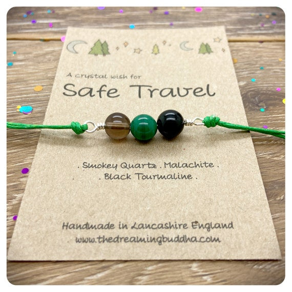 Safe Travel Crystal Bracelet, Backpacking Goodbye Gift, Gap Year Personalised Present, Handmade Gemstone Anklet, Travelling Miss You Card