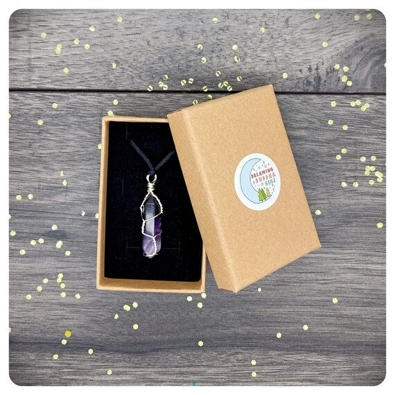 Amethyst Hand Wrapped Long Necklace, Adjustable Satin Cord Pendant Necklace, Protection Crystal Jewellery, Friendship Postal Gift
