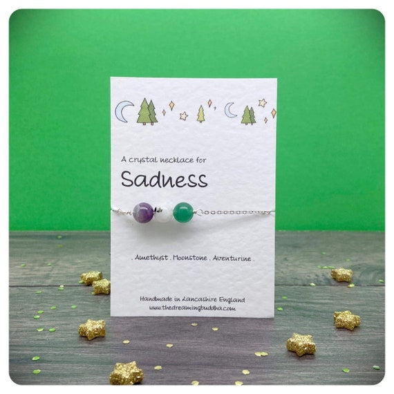 Personalised Sadness Crystal Necklace, Postal Hug Gift, Grief Loss Jewellery, Emotional Support Gift For Her, Teen Unhappiness Gift Card